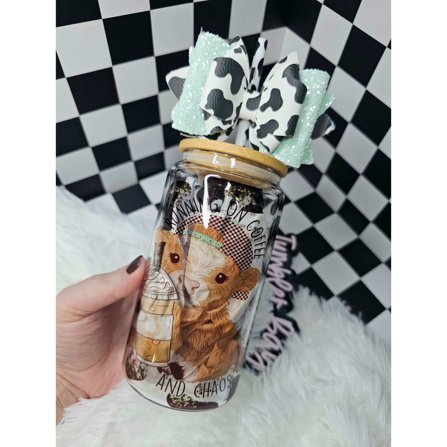 Highland Cow 16oz Libbey Glasses with accessories