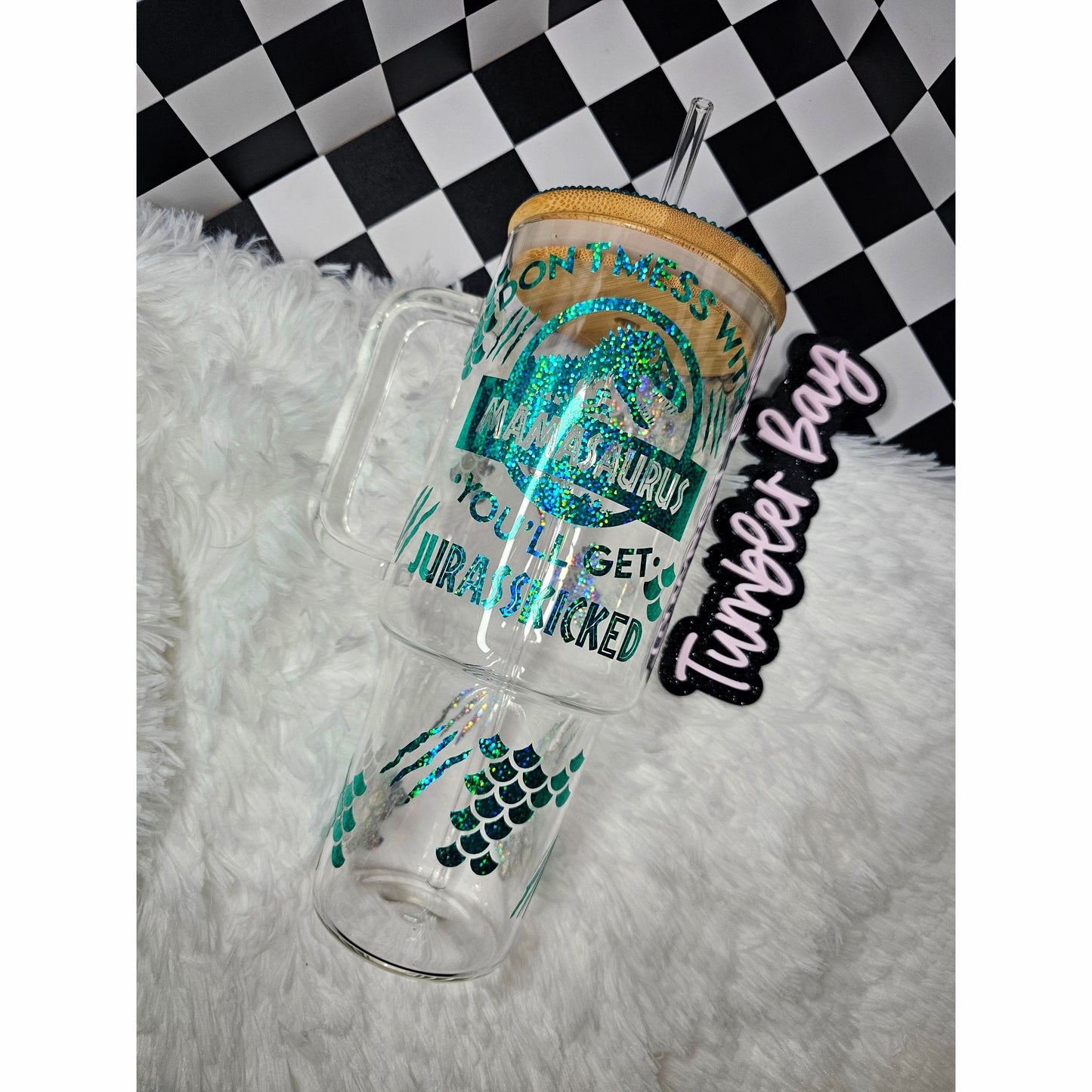 Dinosaur Mama Glass Tumbler with Rhinestone Lid 40oz